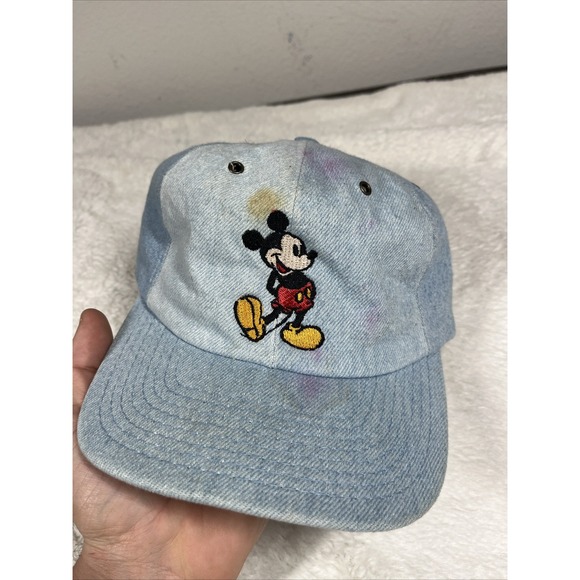 Vintage Mickey Mouse Goofy's Hat Co 90s Disney Denim Elasticback Hat Made In USA - Picture 1 of 7